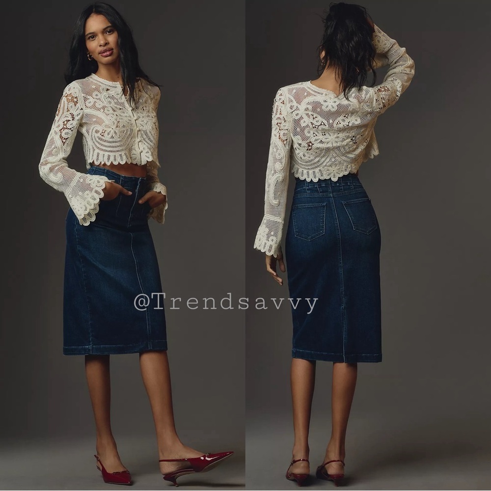 Anthropologie Dark Wash Stretch Denim Midi Pencil Skirt Size 6 NWT Jeans